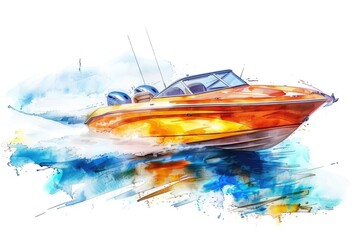 Aufkleber - A beautiful watercolor painting of a speed boat gliding across the water, with a calm lake or sea background