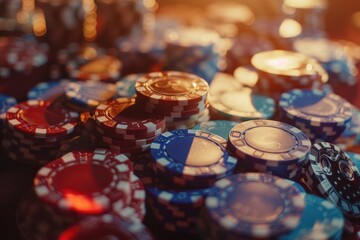 Poster - A pile of poker chips sitting on top of a table, ideal for use in financial or gaming contexts