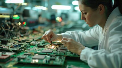 Poster - Woman manufacturing electronic parts in a factory setting
