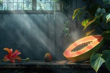 Poster - Fresh papaya cut in half, placed on a table alongside a flower