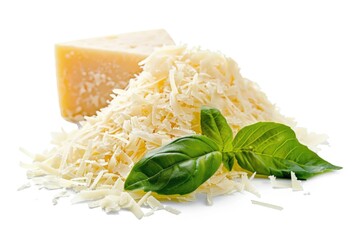 Poster - A block of cheese accompanied by a pile of shredded cheese, great for snacking or serving as a garnish