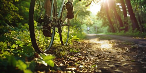 Aufkleber - A bicycle parked on a path in the woods, great for outdoor or nature-themed images