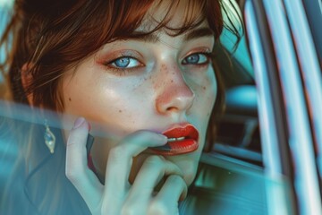 Poster - A woman sits in a vehicle, engaged with her mobile device