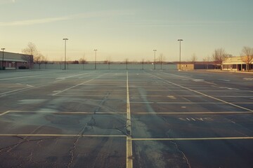 Aufkleber - A deserted parking lot with a building in the background, ideal for use in urban scenes or architecture photography