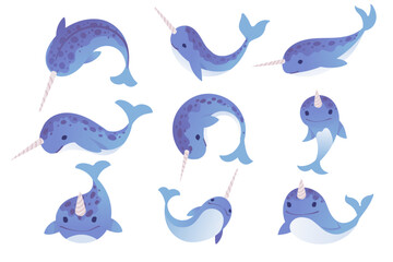Wall Mural - set of cute narwhal mammal arctic animal with horn cartoon animal design vector illustration isolate