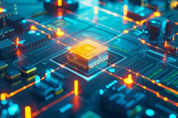 Canvas Print - Overhead view of a brightly lit AI circuit board, showcasing vibrant electronic connections and components