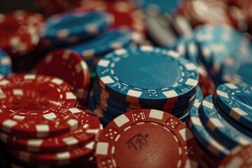 Poster - A stack of poker chips sitting on a table, ideal for use in illustrations about gambling or gaming