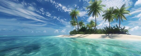 Wall Mural - tropical island paradise with lush palm trees and crystal blue waters under a clear blue sky