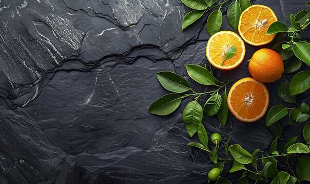 Fresh and Juicy Delight in the succulent sweetness of this top-view presentation showcasing luscious citrus fruits nestled amidst verdant foliage on a dramatic black stone background