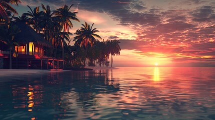 Aufkleber - A serene landscape of a sunset over the ocean with palm trees silhouetted against the sky