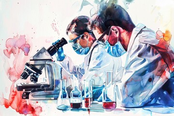 Poster - Two scientists in lab coats examine microscopic samples under a microscope, a common scene in scientific research and discovery