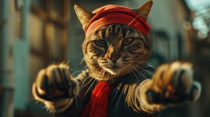 Aufkleber - A domestic cat wearing a bright red hat and matching scarf, sitting outdoors