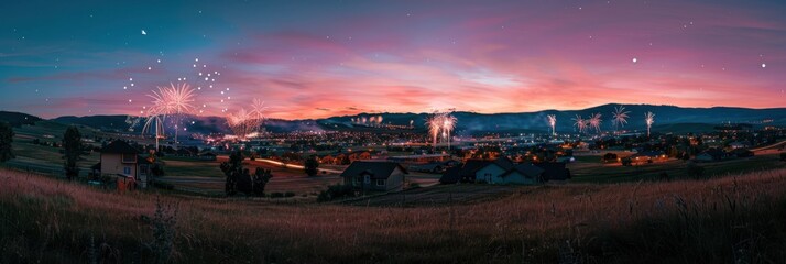 Wall Mural - fireworks over a small town, with a small city skyline in the background Fireworks are in the foreground, with distant buildings and mountains in the distance Generative AI