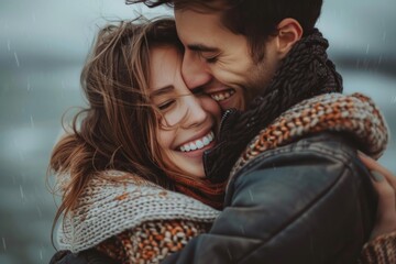 A romantic moment between two people under the rainy sky, perfect for a love story or a family album