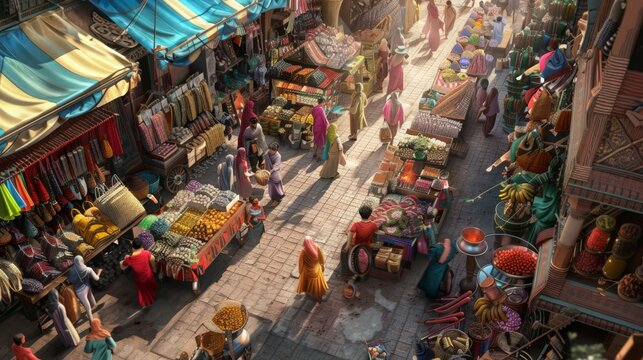 Design an aerial view of a bustling market, with colorful stalls and crowds of shoppers.