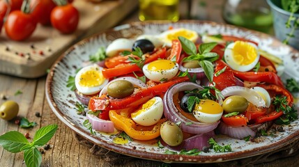 A vibrant Tunisian mechouia salad with grilled peppers, tomatoes, and onions, garnished with boiled eggs and olives, served on a rustic plate, natural daylight