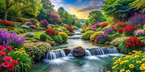Wall Mural - Vibrant and colorful nature landscape with lush greenery, flowing water, and vibrant flowers, beautiful, colorful, nature, landscape