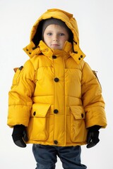 Poster - Young child dressed in bright yellow jacket with black gloves, possibly for outdoor activity or winter wear