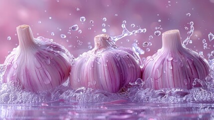 Vegetable poster, A few garlic, Water splashing, Solid color background, illustration, light colour, fine detail, 8k