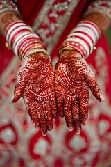 Wall Mural - Traditional indian wedding ritual  woman decorates palms with henna in close up shot