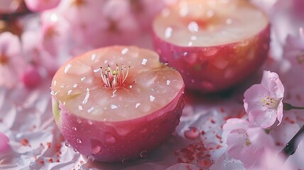 Canvas Print -   A couple of apples sits atop a water-covered tablecloth