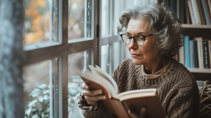 Wall Mural - Senior woman reading a book by the window, wearing glasses and a cardigan, enjoying a peaceful moment indoors, detailed and realistic scene