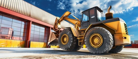 excavator behind its construction with a store background