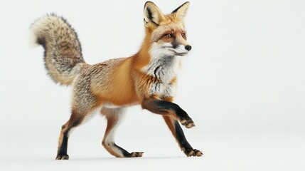 Wall Mural -   A close-up of a fox on a white background, with one leg up and one leg down