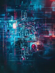 Aufkleber - Futuristic cybersecurity network with AI algorithms, digital locks, shields, and network nodes creates visually engaging digital security concept. Generative AI
