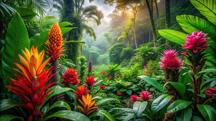 Vibrant and exotic flowers in a lush tropical rainforest, vibrant, exotic, flowers, tropical, rainforest, colorful, lush