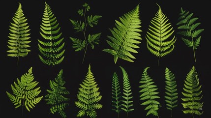 Poster - A collection of green fern leaves against a dark, black background