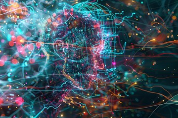 Leinwandbilder - An abstract visualization depicting massive information streams, complex graphs, and digital interfaces representing AI data processing. Generative AI
