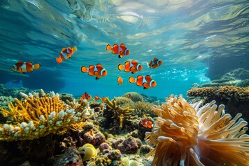 Explore the vibrant underwater world of colorful coral reefs and tropical fish in the ocean. Discover marine biodiversity through diving and snorkeling, capturing the beauty of aquatic life.