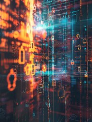 Poster - abstract depiction of a cybersecurity network protected by ai algorithms, featuring digital locks an