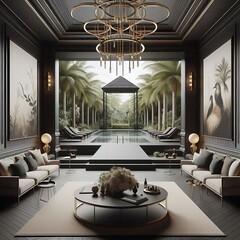 Wall Mural - A room style interior set design with a pool and a large chandelier engaging unique creative.