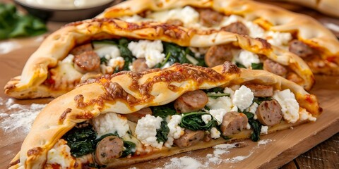 Wall Mural - Calzone Ricotta, Spinach, and Sausage Filling Cut Open. Concept Food Photography, Italian Cuisine, Stuffed Dough, Ricotta Cheese, Sausage Medley