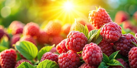 Poster - Close-up of fresh raspberries glistening in the sunlight in a garden, ripe, vibrant, sunlit, red fruit, garden, natural