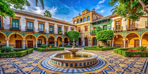 Wall Mural - A stunning plaza in Spain with impressive architecture and a central fountain surrounded by colorful tiles and lush gardens