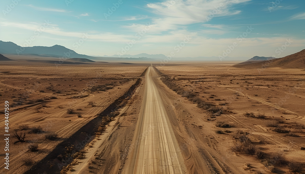 Aerial view of an empty road passing through a remote desert landscape ...