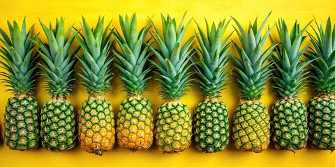 Wall Mural - Ripe pineapples in bright yellow and green colors on a flat surface, tropical, vibrant, healthy, exotic, juicy, fresh, fruit
