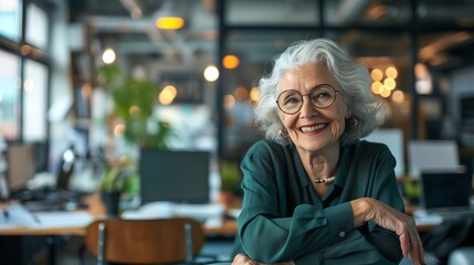 Smiling elderly woman working in a creative office environment, diverse team, focus on teamwork and inclusivity, detailed and realistic scene