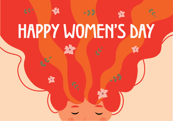 Wall Mural - Happy Women's Day postcard concept in flat cartoon design. This beautiful and gentle illustration features greetings on a background of a floral red girl's hair. Vector illustration.