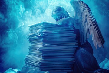 An angel sits atop a stack of papers, conveying wisdom and knowledge