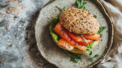 Wall Mural - A bagel with salmon and lettuce on a plate