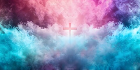 Wall Mural - Christians gather in church symbolized by colorful clouds and cross. Concept Religious art, Christianity, Church gatherings, Colorful symbolism, Spiritual imagery