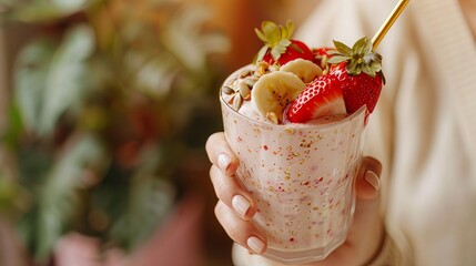 Wall Mural - Smoothie with banana and strawberries