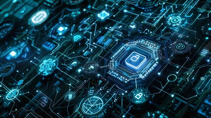 Aufkleber - An abstract digital illustration depicting a network of digital locks, shields, and network nodes, protected by AI algorithms. The design is futuristic and sophisticated. Generative AI