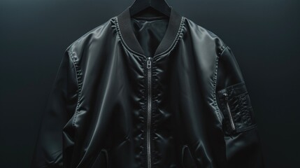 Poster - A close-up shot of a black leather jacket hanging from a hook or hanger, ideal for fashion and lifestyle imagery