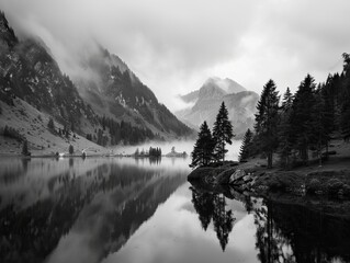 Wall Mural - This monochrome photo captures a serene lake mirroring misty mountains, perfect for an abstract or conceptual wallpaper The background exudes tranquility and could be a best-selling illustration