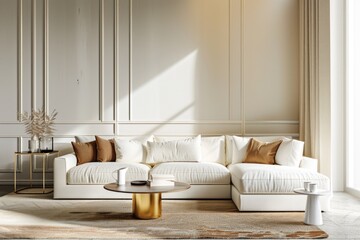 Poster - A modern living room with a white couch and a gold coffee table, ideal for home decor or interior design projects